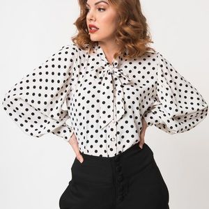 NWT Unique Vintage Black White Polka Dot Blouse